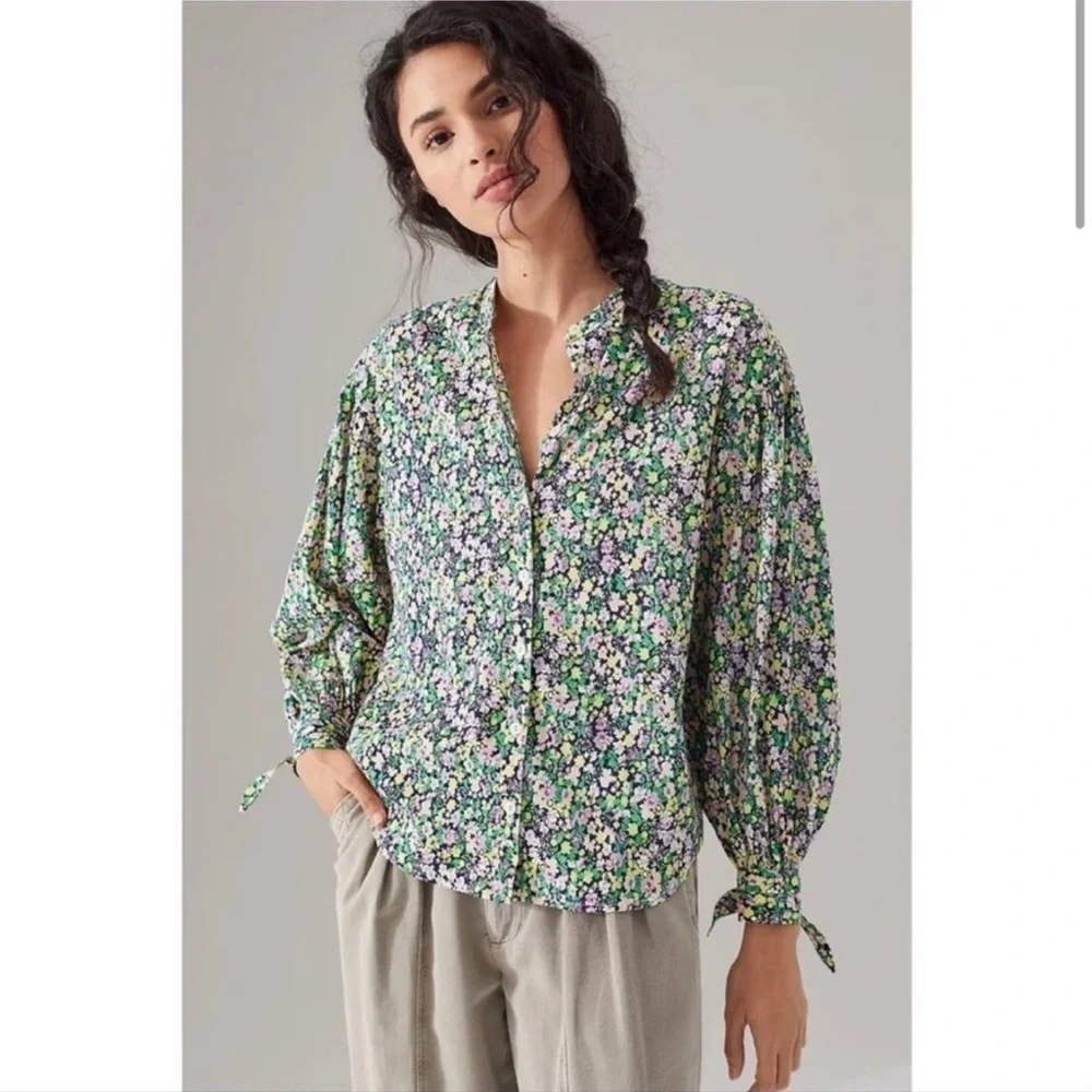 Anthropologie Maeve Floral Long Sleeve Button Front Blouse_8
